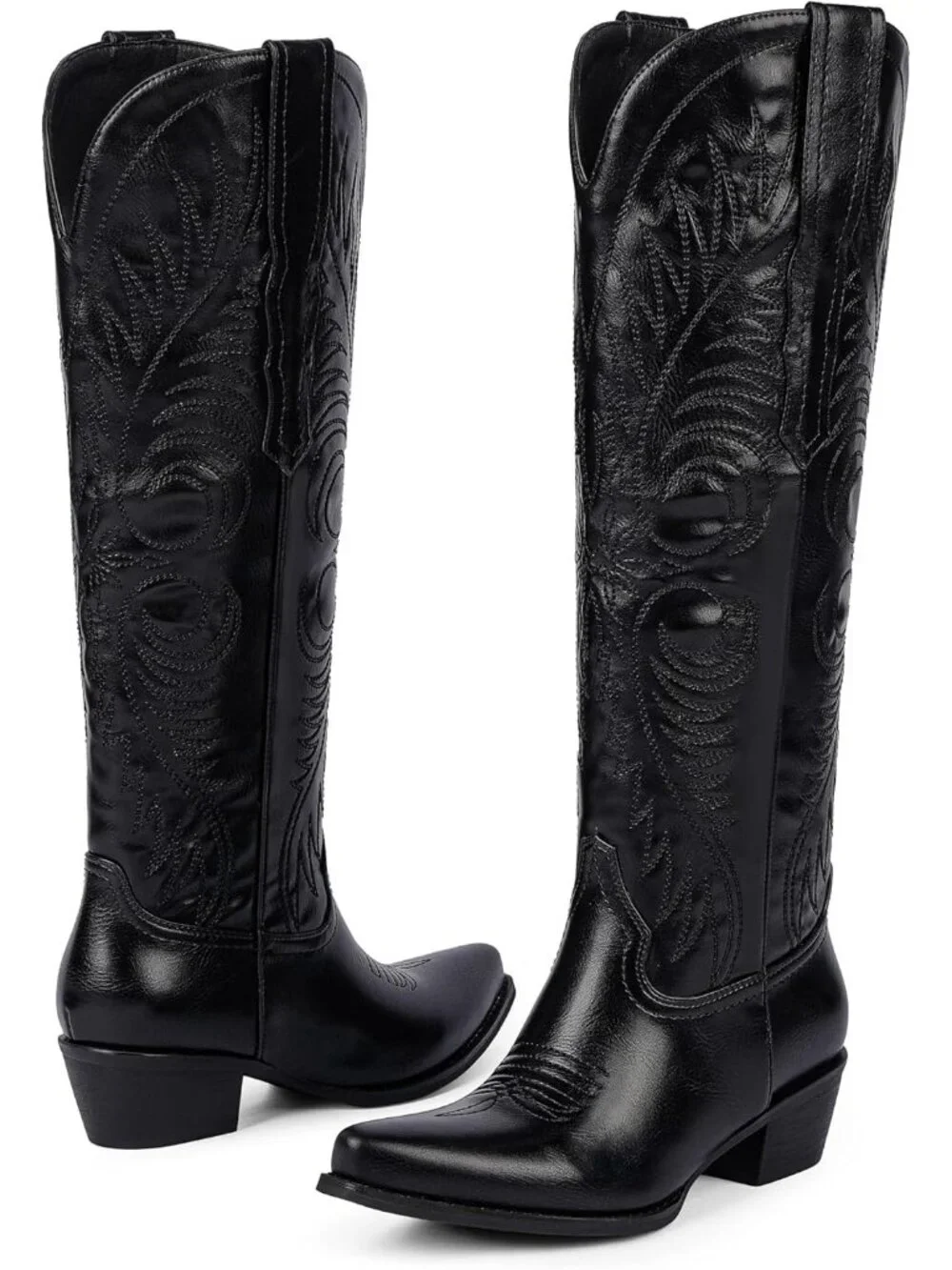 Women's Black Embroidered Western Pointed Toe Side Zipper Knee High Cowgirl Boot
